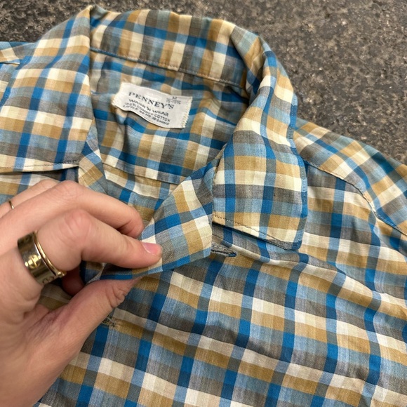 Penney’s Vintage Loop Collar Plaid Button Up Shirt M 15-15.5 Blue - Picture 6 of 6